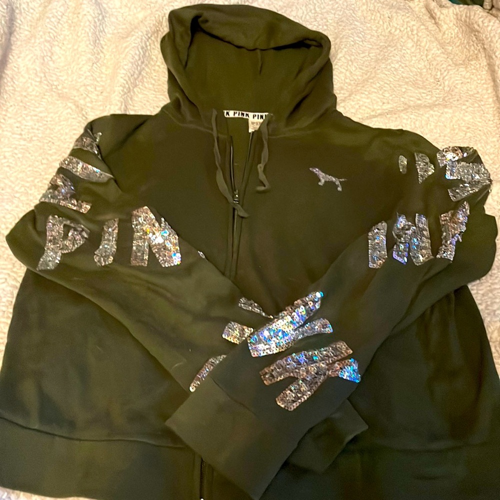 PINK Zip-up Hoodie with sequin detail. Size M.